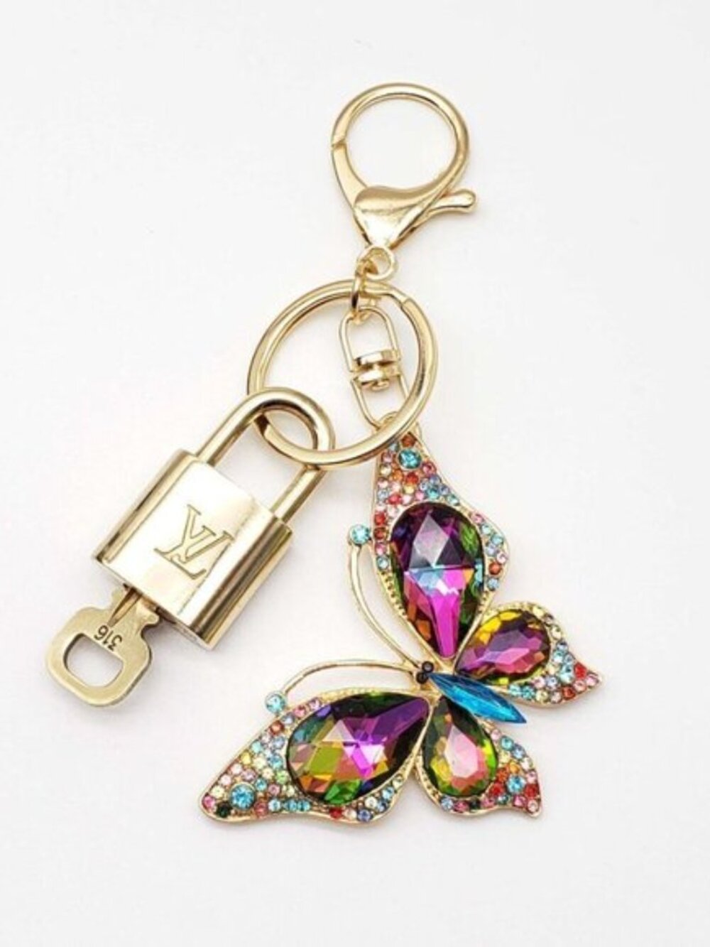 LV Authentic Gold Padlock 🔒 Key Set w/ Unbranded Butterfly Keychain Charm - Picture 3 of 8